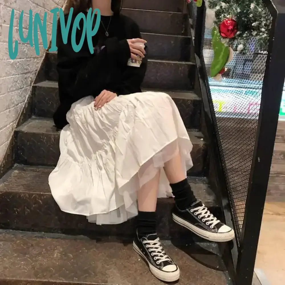 Lunivop White A Line Pleated Skirt Summer Women Long Midi For Girl Fairy Core Elegant Cottagecore