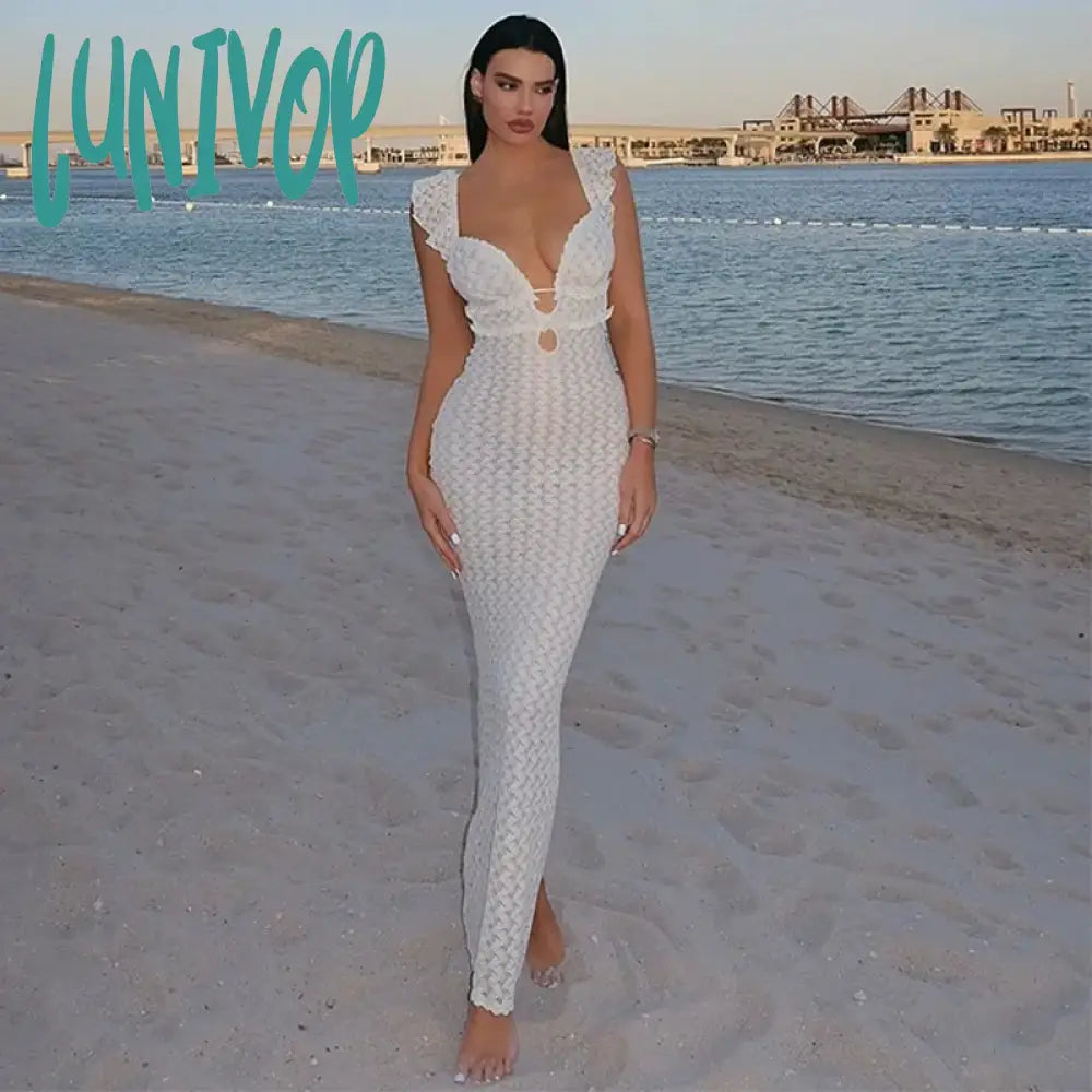 Lunivop White Crochet Beach Sexy Dress Women Deep V Neck Knitted Sleeveless Slim High Waist Hollow