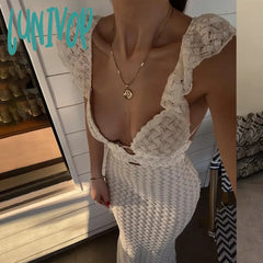 Lunivop White Crochet Beach Sexy Dress Women Deep V Neck Knitted Sleeveless Slim High Waist Hollow