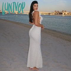 Lunivop White Crochet Beach Sexy Dress Women Deep V Neck Knitted Sleeveless Slim High Waist Hollow