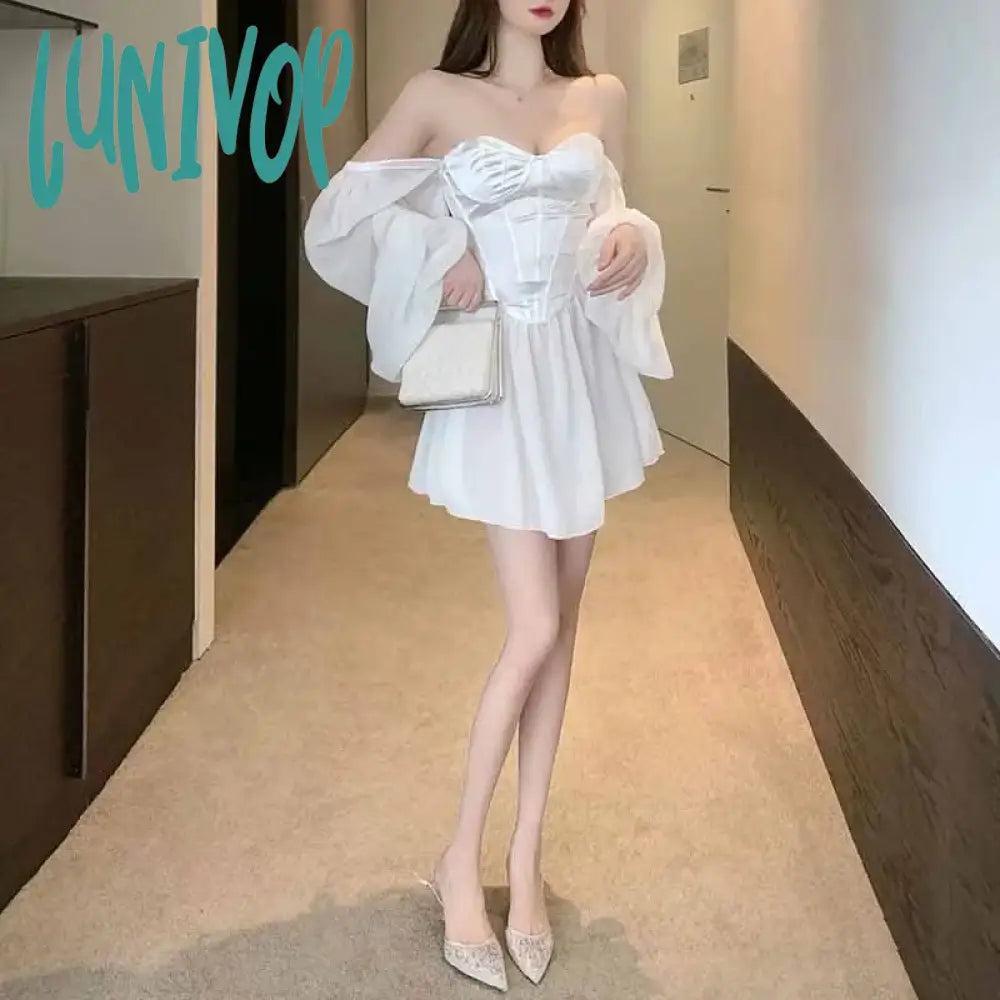 Lunivop White Dress Women Sexy Square Collar Low Cut Fashion Long Sleeve Corset Party Nightclub For