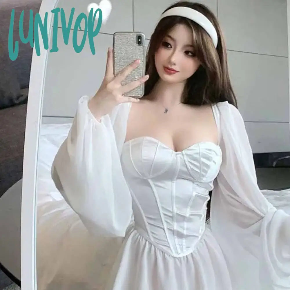 Lunivop White Dress Women Sexy Square Collar Low Cut Fashion Long Sleeve Corset Party Nightclub For