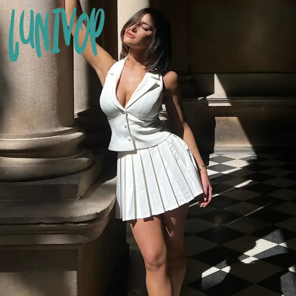 Lunivop White Dresses V Neck Vest Top And Pleated Mini Skirt Sets Women 2 Piece Outfits Festival