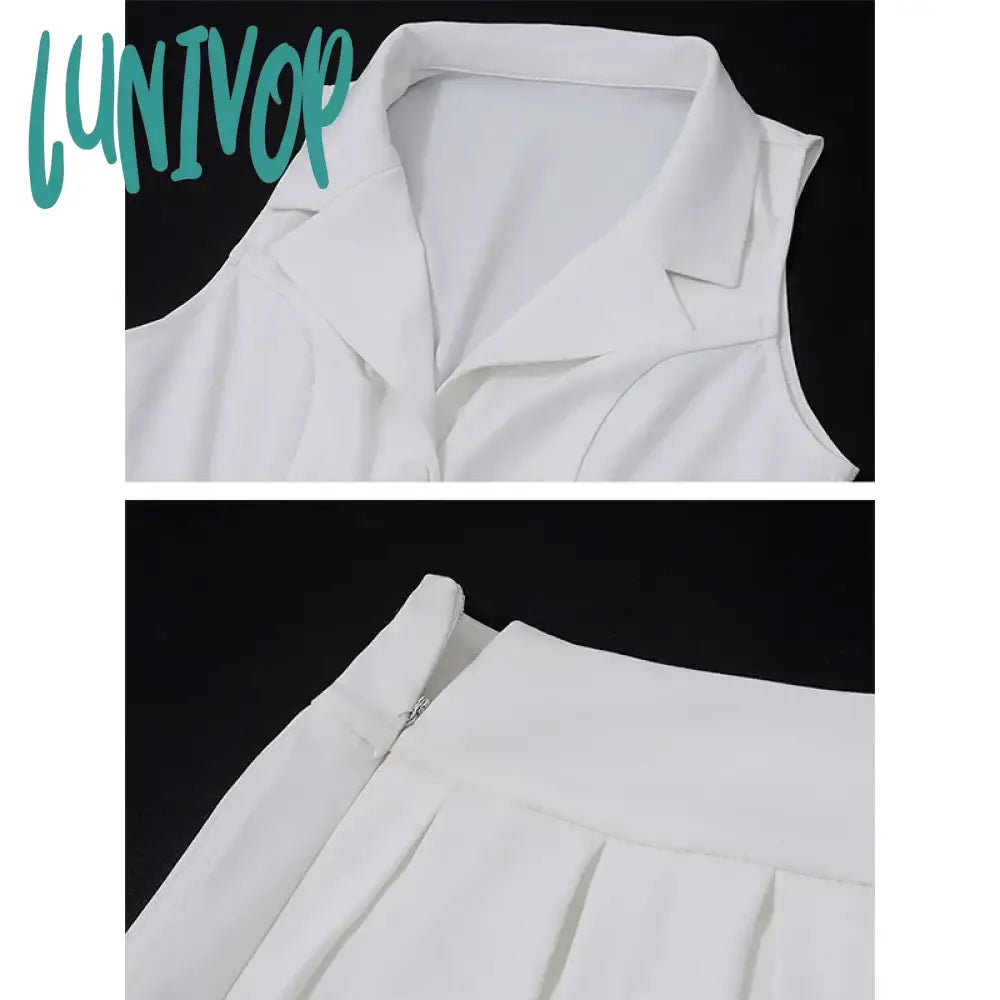 Lunivop White Dresses V Neck Vest Top And Pleated Mini Skirt Sets Women 2 Piece Outfits Festival