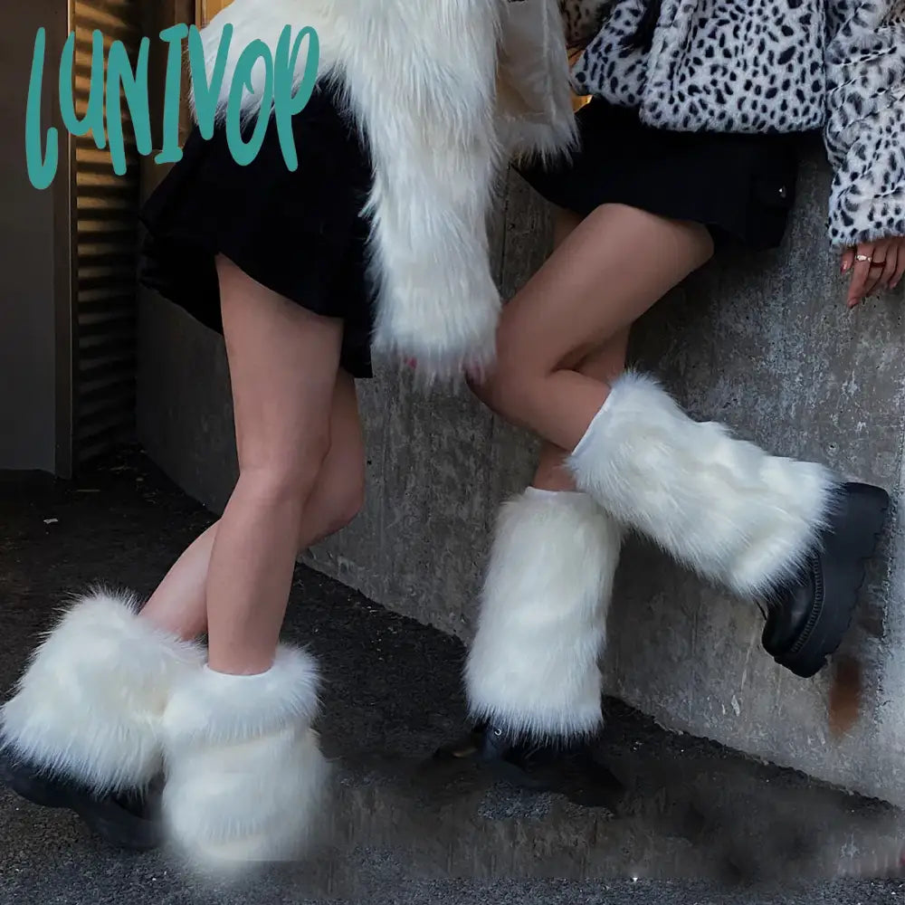 Lunivop White Faux Fur Leg Warmer Sock Leggings Winter Jk Gothic Boots Socks Y2K Hot Girl Harajuku