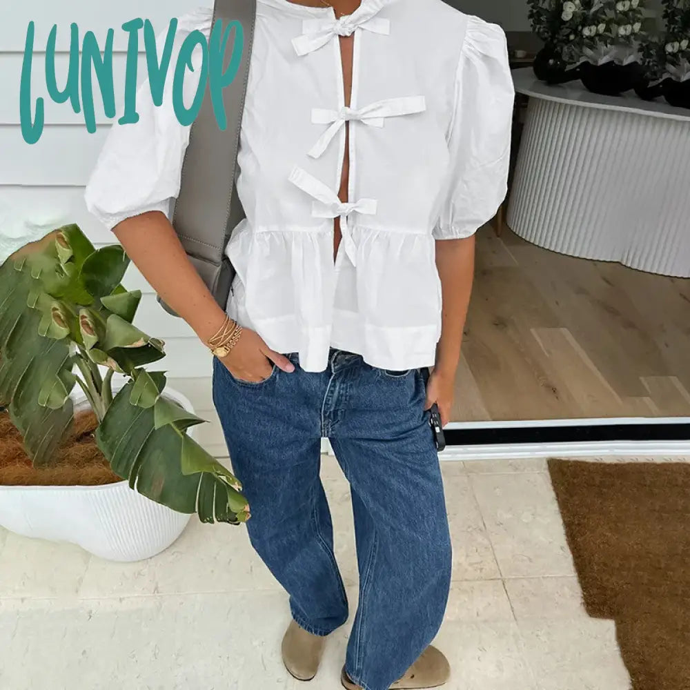 Lunivop White Hollow Out Lace Up Puff Sleeve Shirt For Women O-Neck Summer Fashion New Patchwork