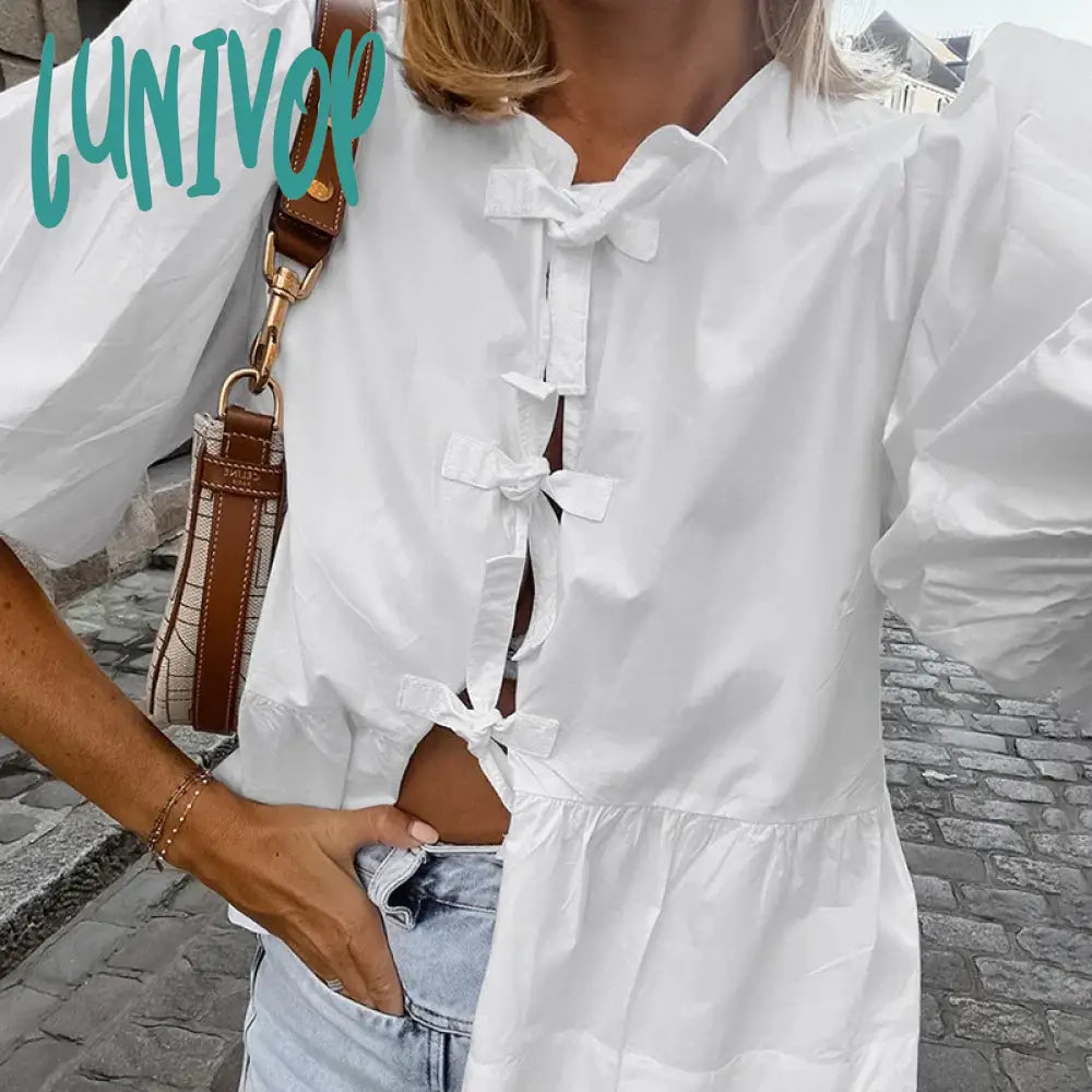 Lunivop White Hollow Out Lace Up Puff Sleeve Shirt For Women O-Neck Summer Fashion New Patchwork