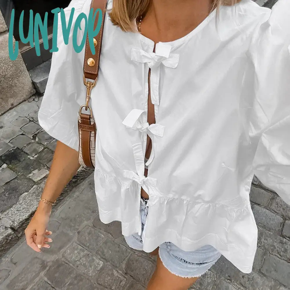 Lunivop White Hollow Out Lace Up Puff Sleeve Shirt For Women O-Neck Summer Fashion New Patchwork