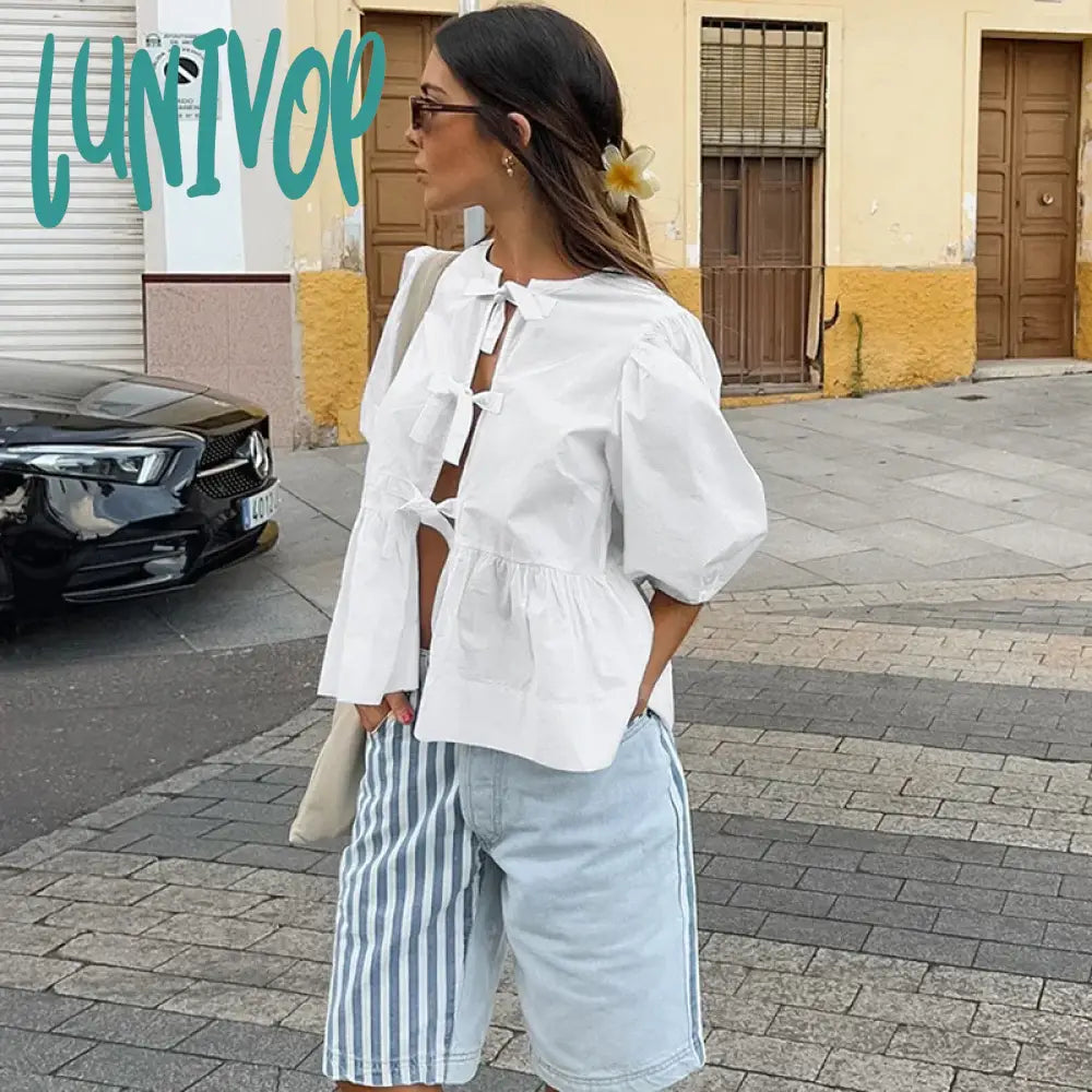 Lunivop White Hollow Out Lace Up Puff Sleeve Shirt For Women O-Neck Summer Fashion New Patchwork