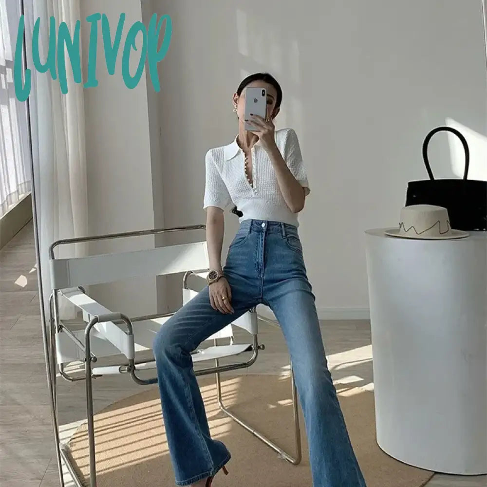 Lunivop White Knitted Polo Tops Women Summer Short Sleeve T-Shirt Korean Fashion Pearl Button Basic