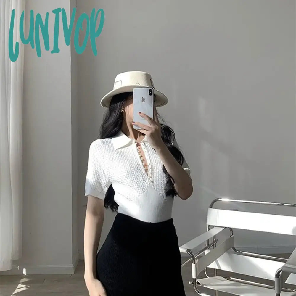 Lunivop White Knitted Polo Tops Women Summer Short Sleeve T-Shirt Korean Fashion Pearl Button Basic