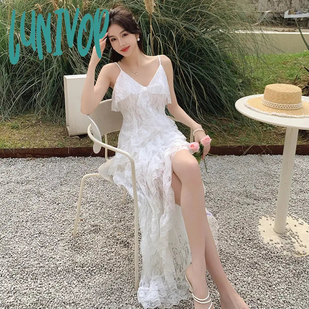 Lunivop White Lace Dresses For Women Vintage V Neck Spaghetti Strapped Bodycon Dress Sexy