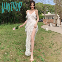 Lunivop White Lace Dresses For Women Vintage V Neck Spaghetti Strapped Bodycon Dress Sexy