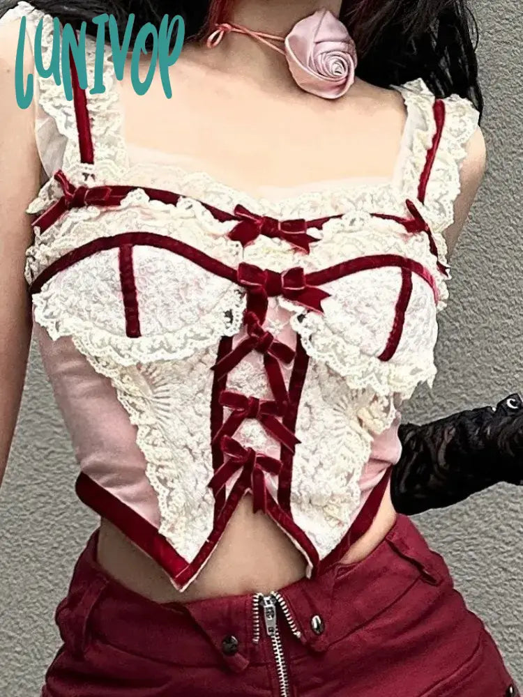 Lunivop White Lace Patchwork Pink Tank Tops Sexy Sweet Bow Y2K Crop Top For Women Kawaii Lolita