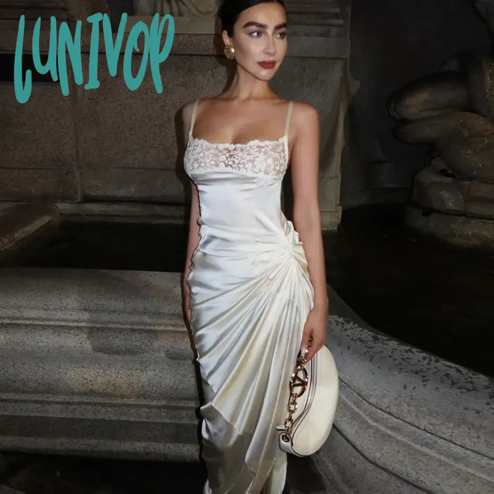 Lunivop White Lace Tirm Maxi Dress Women 2024 Satin Slip High Split Elegant Sexy Birthday Party