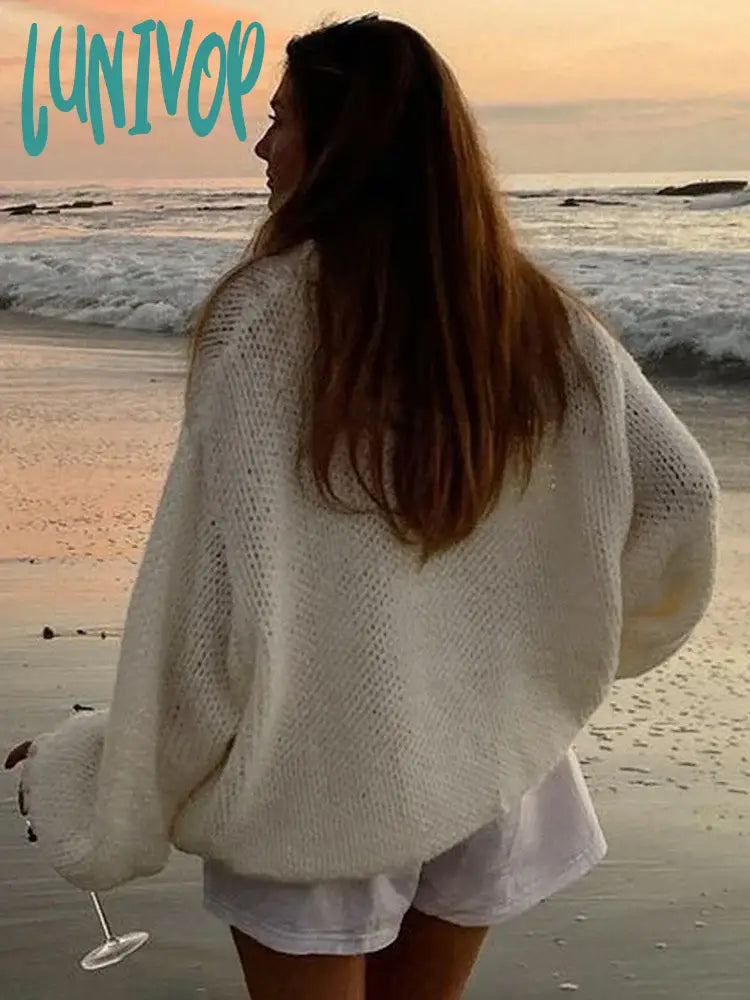 Lunivop White Loose Lazy Sweater Women’s Thin Long-Sleeved Pullover Knitted Top Hollow Out
