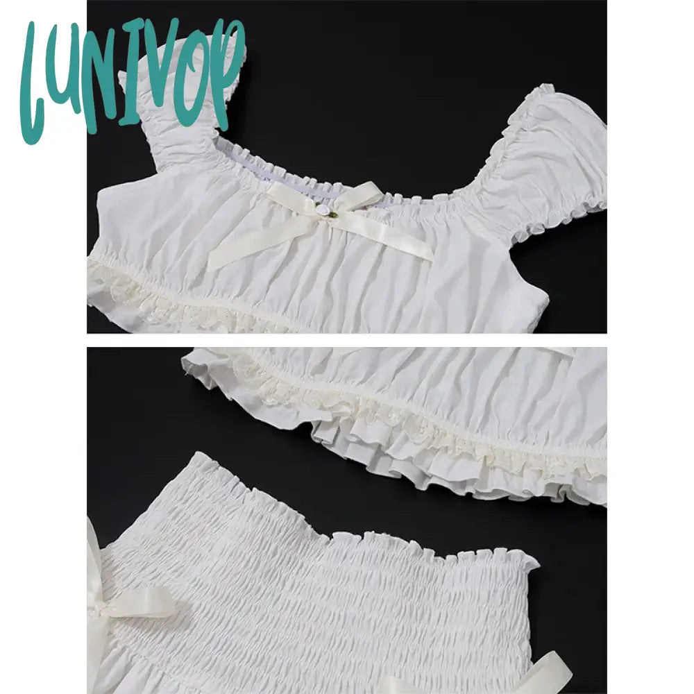 Lunivop White Pleated Skirts Two Piece Sets Women Sexy Puff Sleeve Cropped Tops And Mini Suits