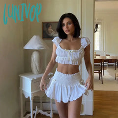 Lunivop White Pleated Skirts Two Piece Sets Women Sexy Puff Sleeve Cropped Tops And Mini Suits