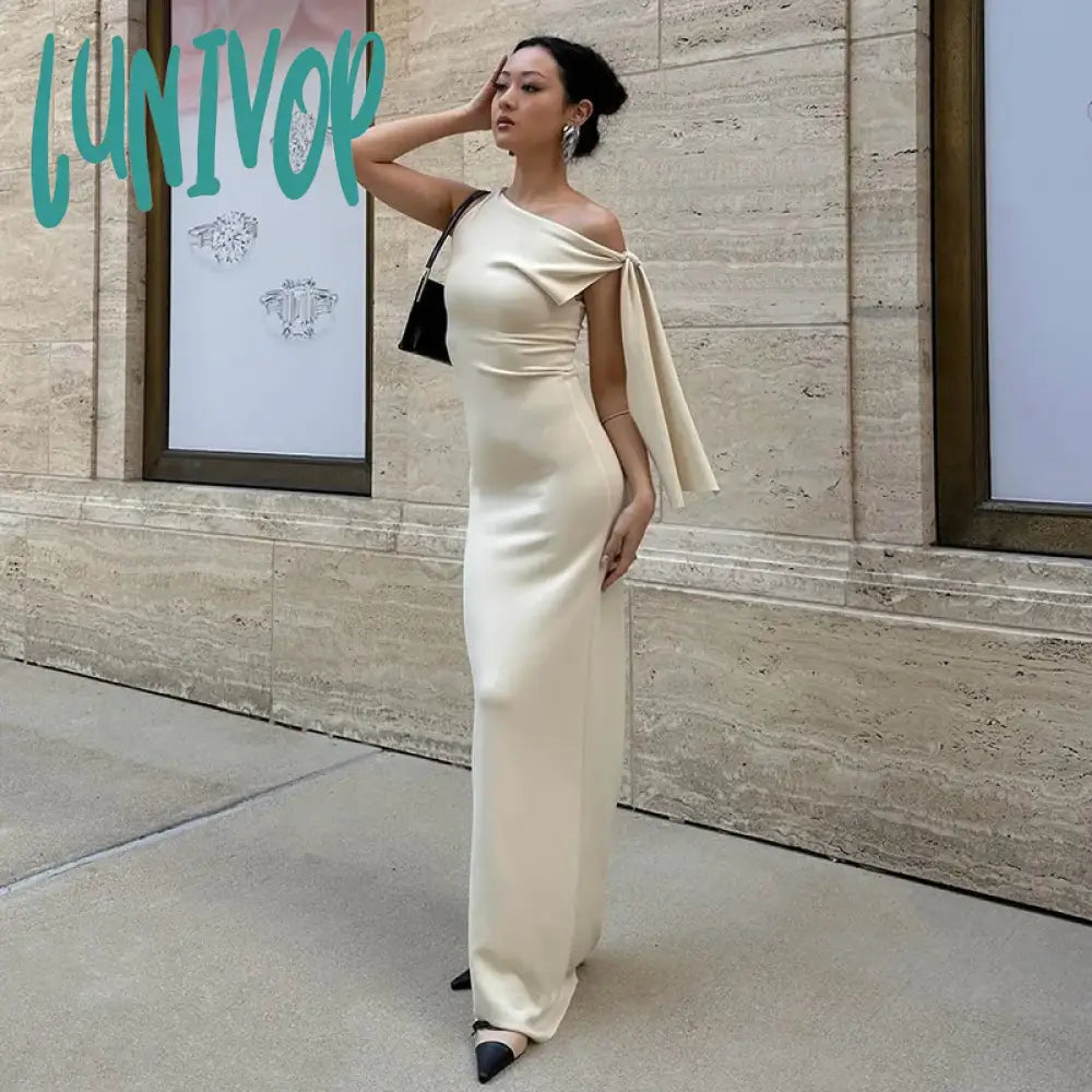 Lunivop White Ribbon Draped Maxi Dress Women Elegant Sleeveless High Waist Bodycon Summer Tunic