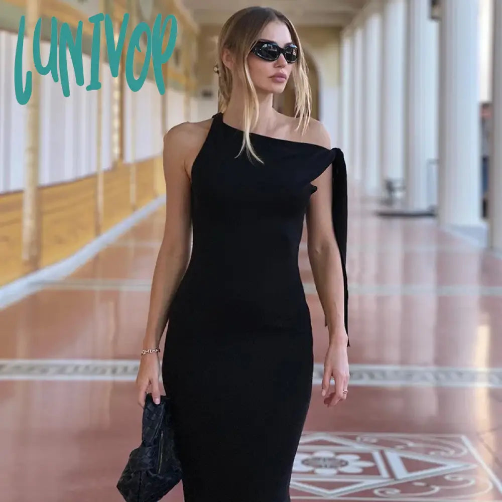 Lunivop White Ribbon Draped Maxi Dress Women Elegant Sleeveless High Waist Bodycon Summer Tunic