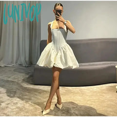 Lunivop White Satin Elegant Mini Dress For Women Sling Backless Pleated Birthday Banquet Evening