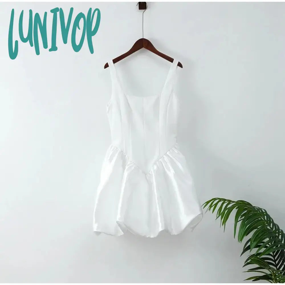 Lunivop White Satin Elegant Mini Dress For Women Sling Backless Pleated Birthday Banquet Evening