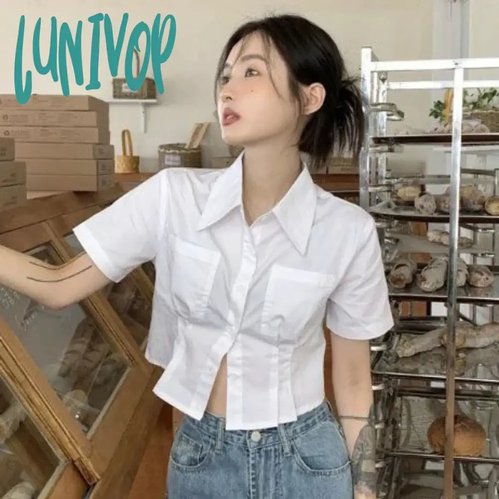 Lunivop White Shirts Women Korean Fashion Slim Crop Tops Summer Preppy Style Short Sleeve Turn Down