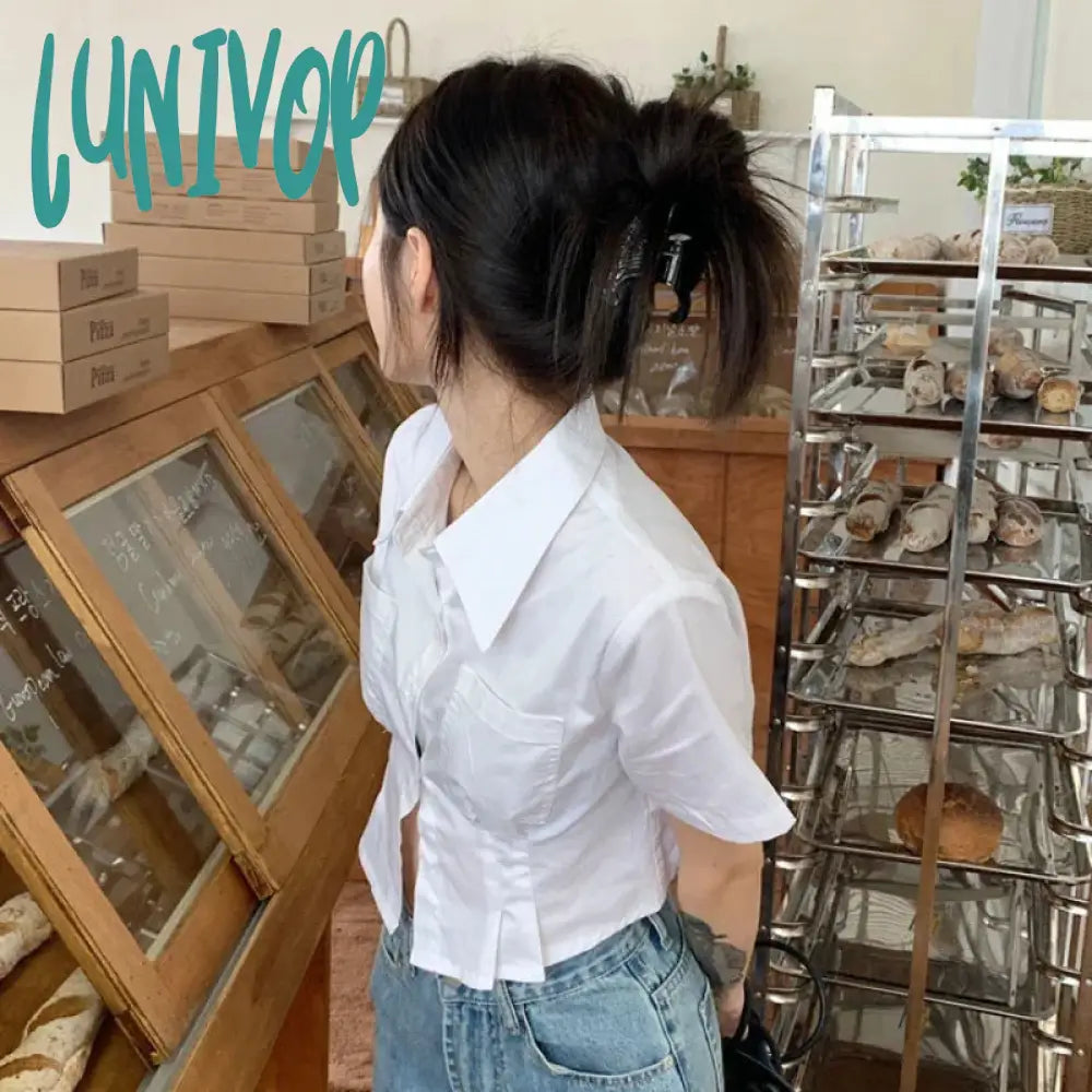 Lunivop White Shirts Women Korean Fashion Slim Crop Tops Summer Preppy Style Short Sleeve Turn Down