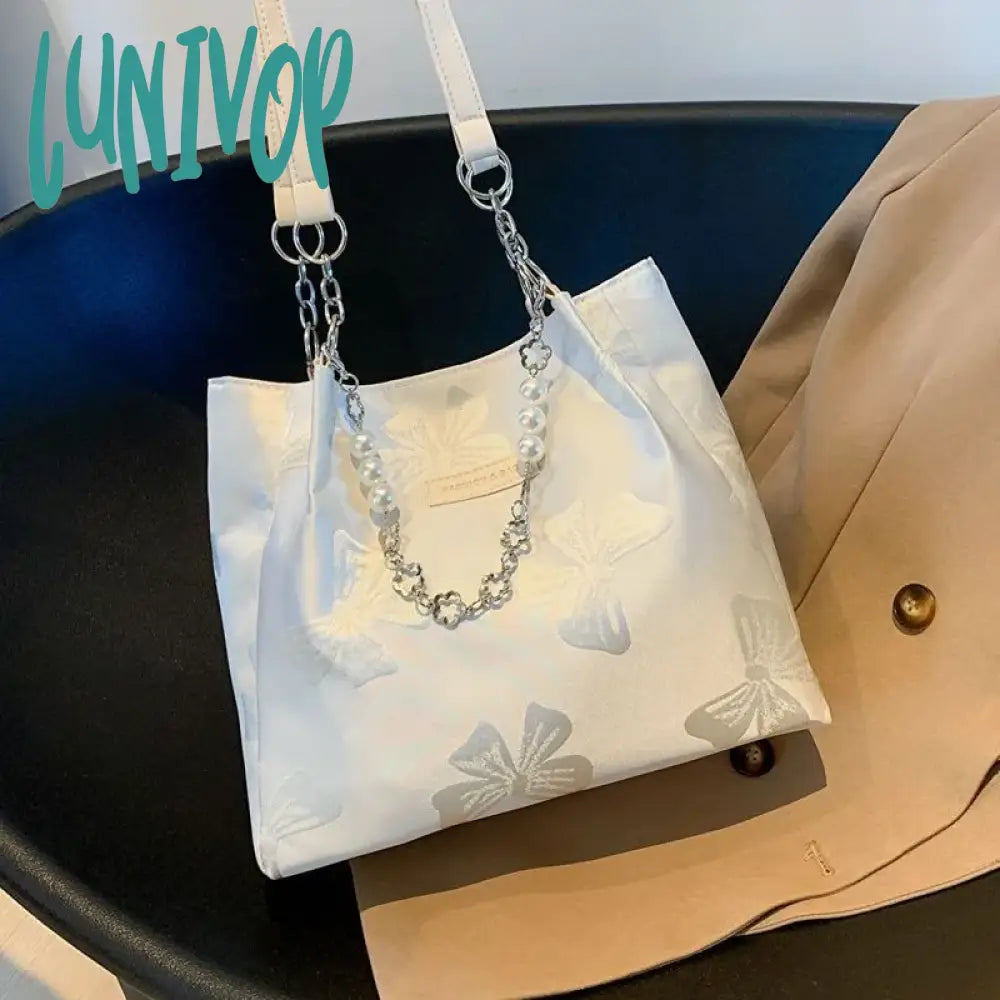 Lunivop White Shoulder Bag For Women Bow Elegant Large Capacity Tote Aesthetic Simple Casual