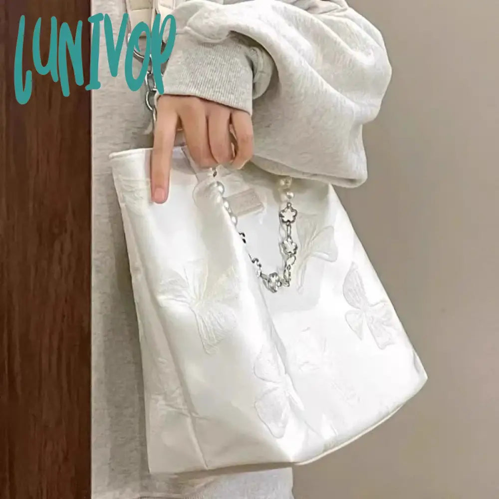 Lunivop White Shoulder Bag For Women Bow Elegant Large Capacity Tote Aesthetic Simple Casual