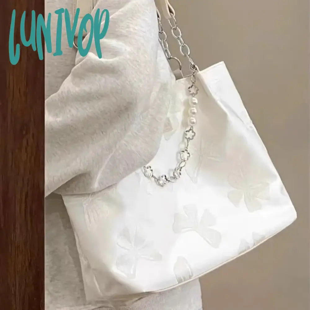 Lunivop White Shoulder Bag For Women Bow Elegant Large Capacity Tote Aesthetic Simple Casual