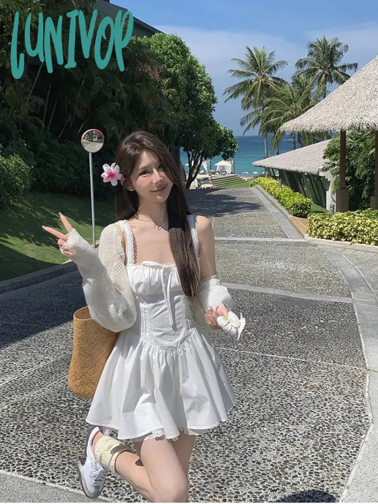 Lunivop White Strap Dress Women Casual Elegant Y2K Mini Even Party Clothing Korean Fashion One