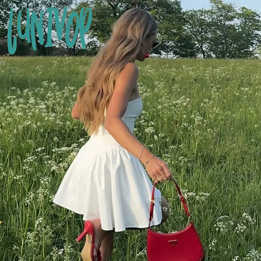 Lunivop White Strapless Mini Dress For Women Sexy Off Shoulder Sleeveless Slim Holidays Summer