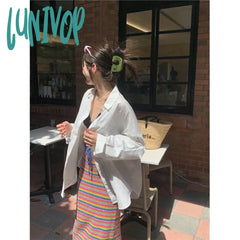 Lunivop White Sun Proof Shirts Women Streetwear Sexy Hollow Out Blouses Harajuku Korean Oversized