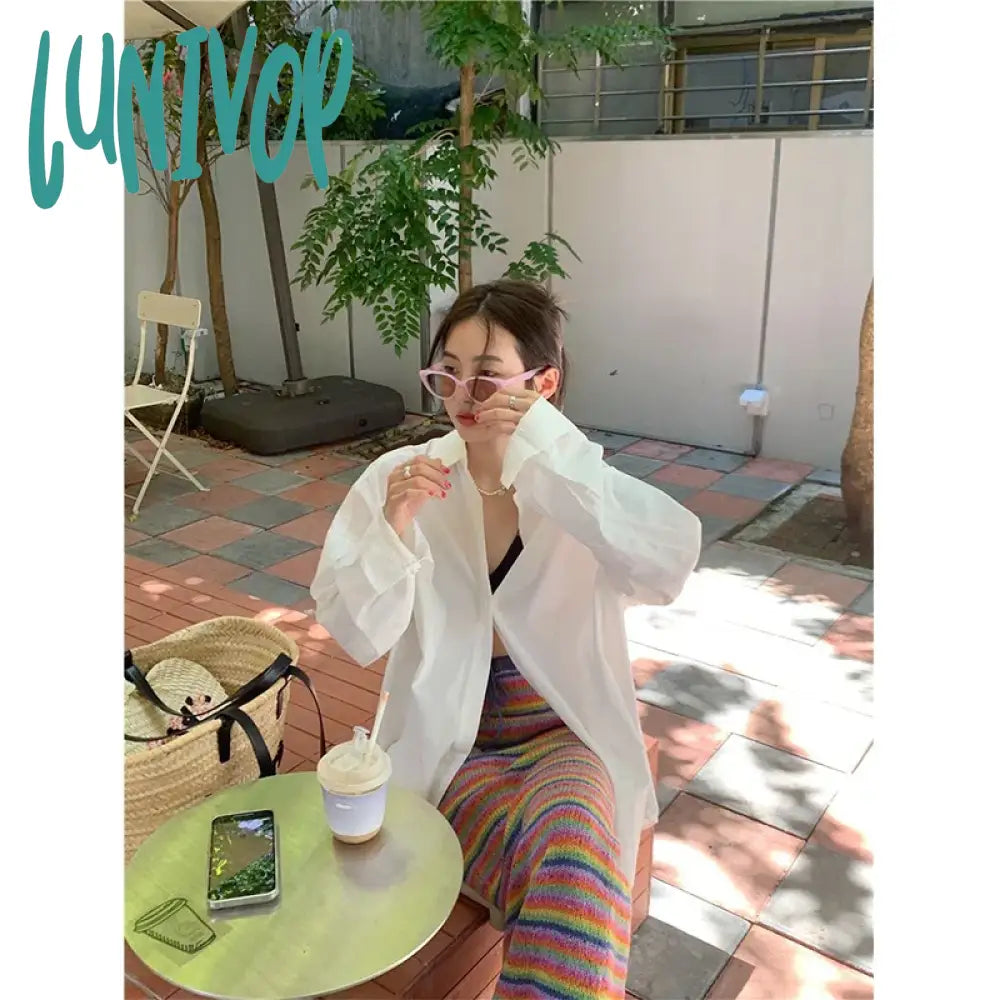 Lunivop White Sun Proof Shirts Women Streetwear Sexy Hollow Out Blouses Harajuku Korean Oversized