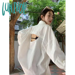 Lunivop White Sun Proof Shirts Women Streetwear Sexy Hollow Out Blouses Harajuku Korean Oversized