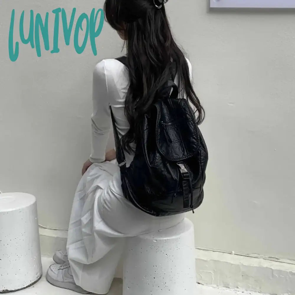 Lunivop White Womens Backpack Vintage Leather Soft Washed American Style College Large Capacity New