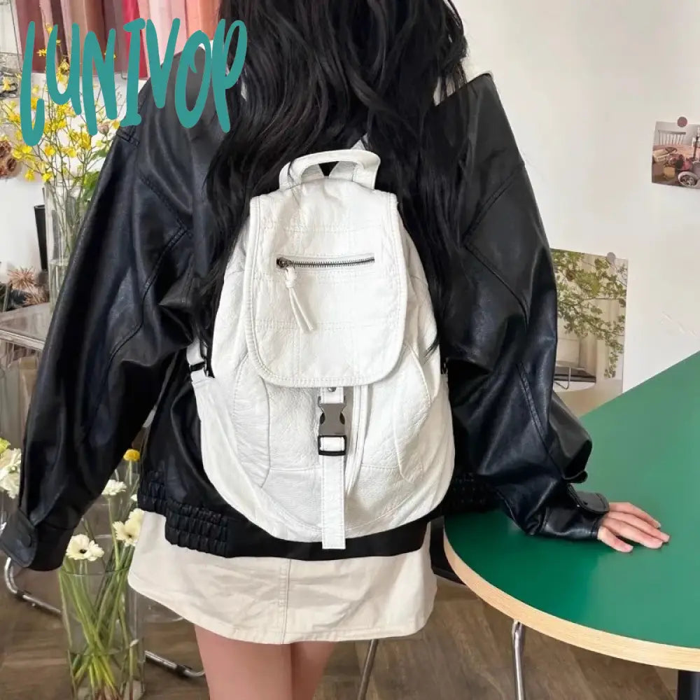 Lunivop White Womens Backpack Vintage Leather Soft Washed American Style College Large Capacity New