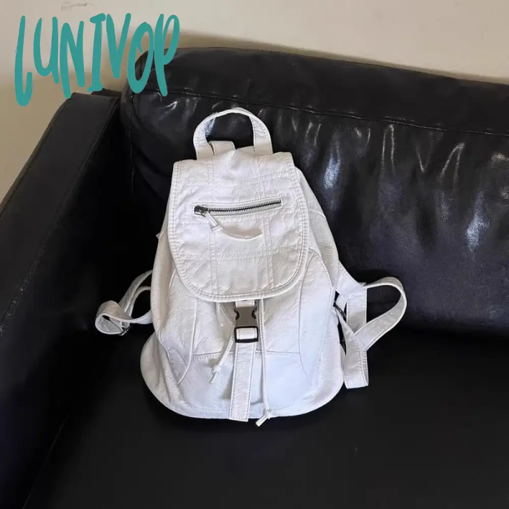 Lunivop White Womens Backpack Vintage Leather Soft Washed American Style College Large Capacity New