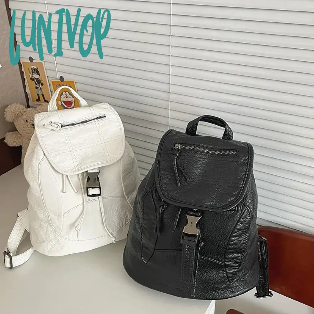 Lunivop White Womens Backpack Vintage Leather Soft Washed American Style College Large Capacity New