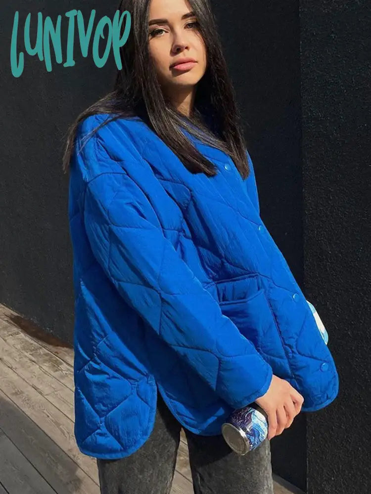 Lunivop Winter Blue Oversize Puffer Jackets For Women Casual Fashion Warm Cotton Button Down