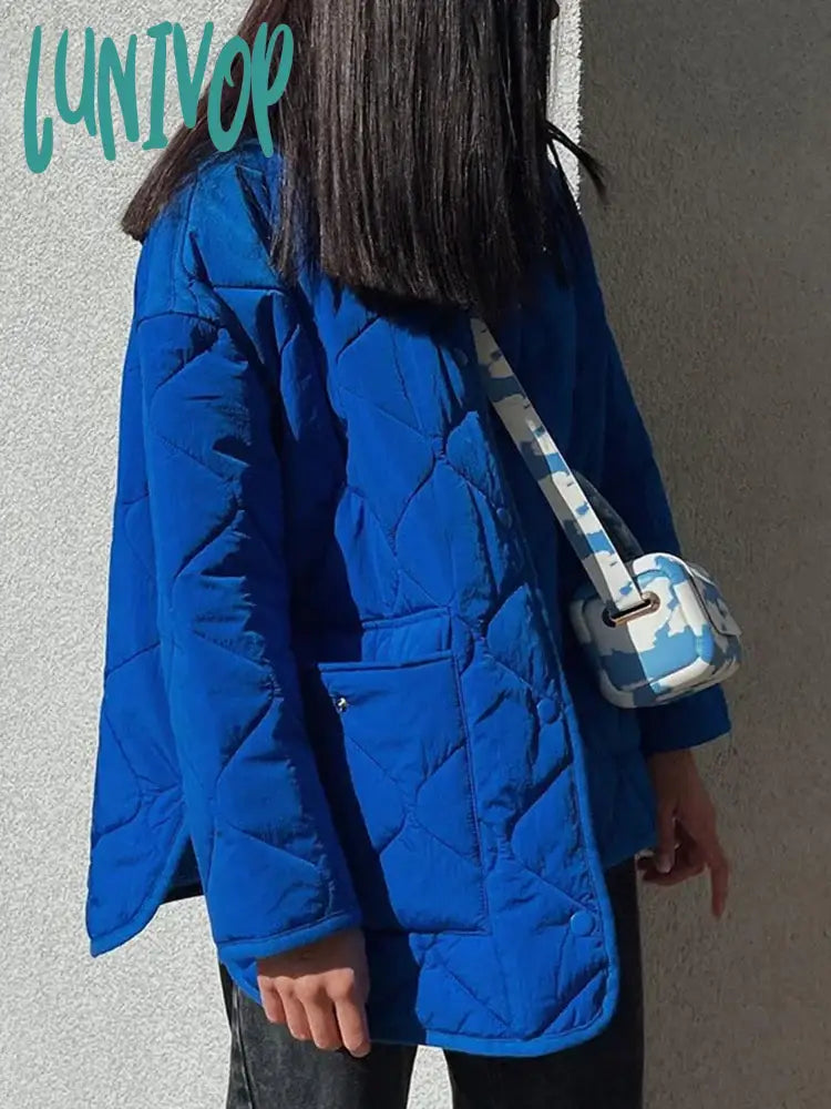 Lunivop Winter Blue Oversize Puffer Jackets For Women Casual Fashion Warm Cotton Button Down