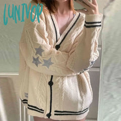 Lunivop Winter Loose Cardigans Women Star Embroidered Knitted Sweaters Tay Vintage Y2K Streetwear