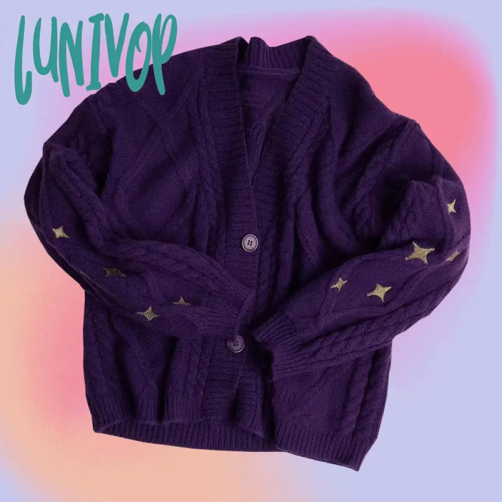 Lunivop Winter Loose Cardigans Women Star Embroidered Knitted Sweaters Tay Vintage Y2K Streetwear