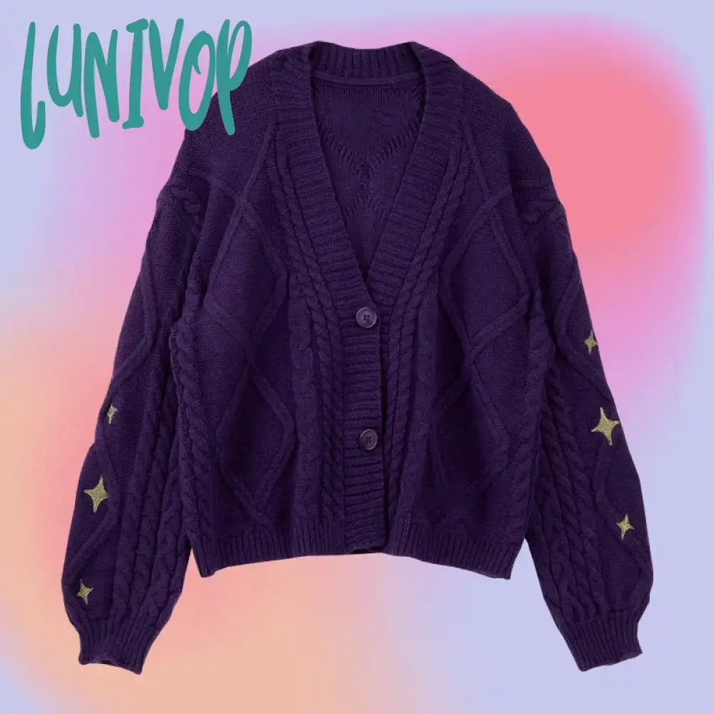 Lunivop Winter Loose Cardigans Women Star Embroidered Knitted Sweaters Tay Vintage Y2K Streetwear