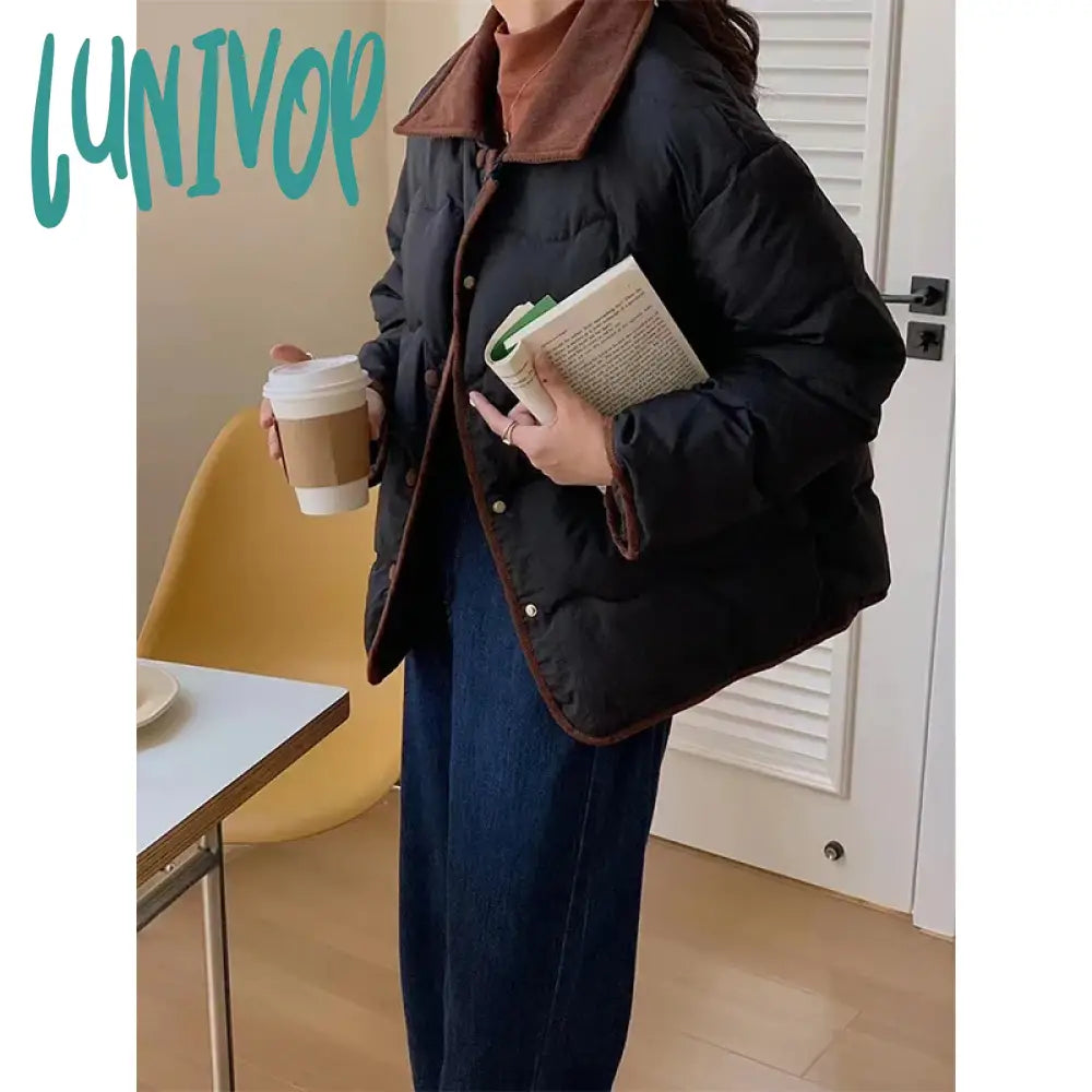 Lunivop Winter Parkas Women Corduroy Patchwork Down Coats Korean Black White Puffer Jacket Ladies
