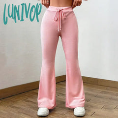 Lunivop Winter Pink High Waist Wide-Leg Pants Casual Loose For Women Drawstring Long Y2K Street