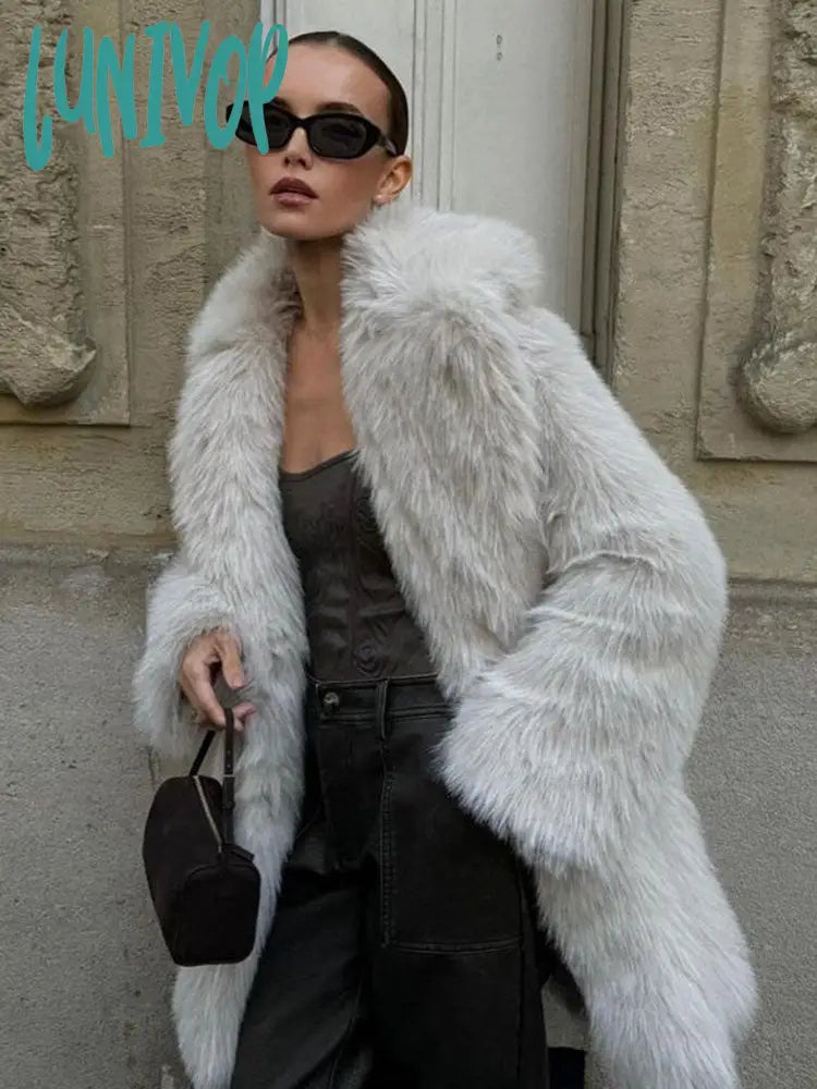 Lunivop Winter Plush Faux Fur Jacket For Women Versatile Turn Down Collar Long Sleeve Coats Female