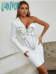 Lunivop Winter Sexy Long Sleeve Single Beading Sparkly White Mini Women Bodycon Bandage Dress