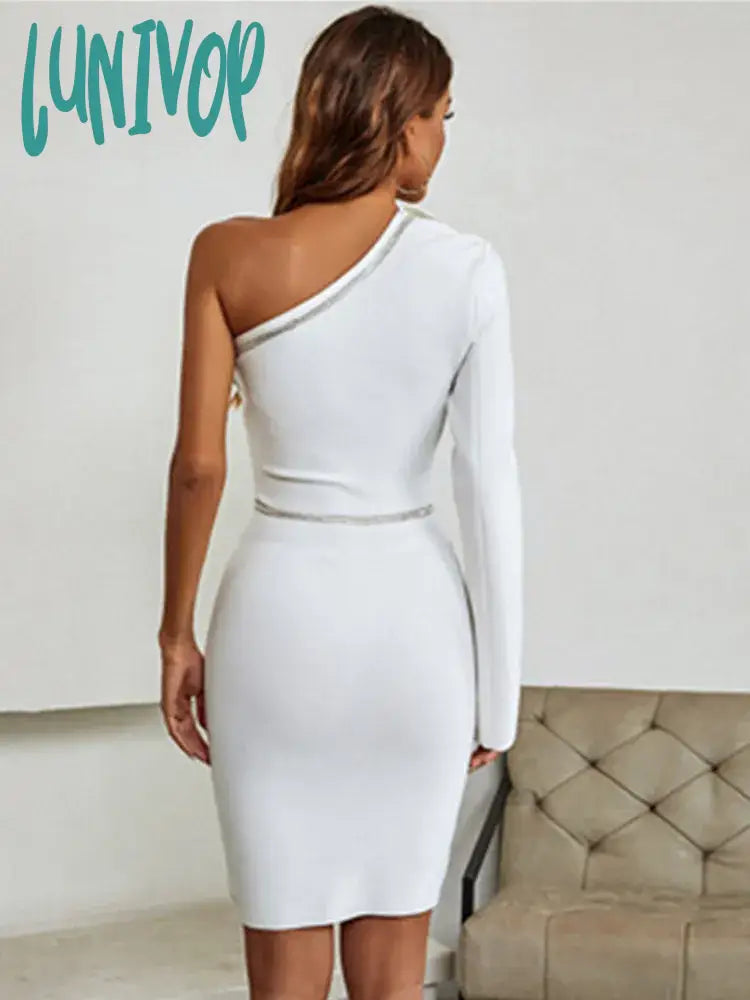 Lunivop Winter Sexy Long Sleeve Single Beading Sparkly White Mini Women Bodycon Bandage Dress